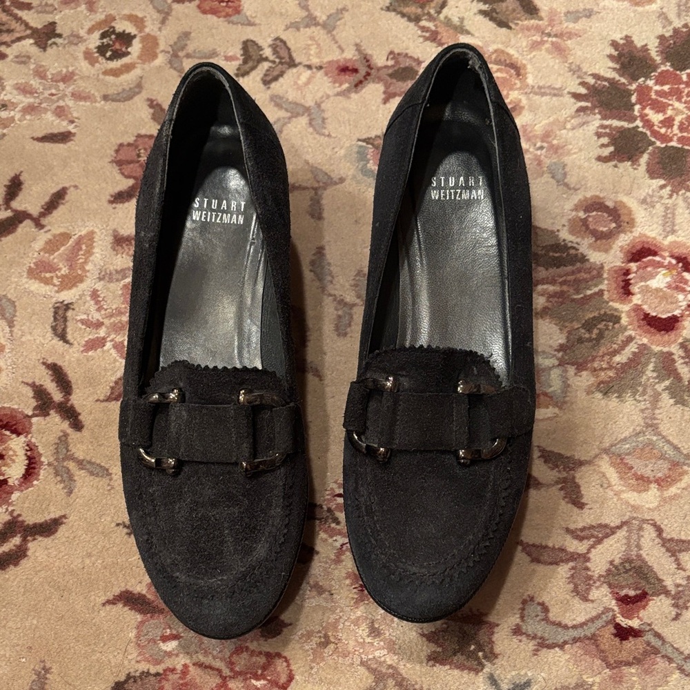 Stuart Weitzman Black Suede slip ins with Buckle Detail
